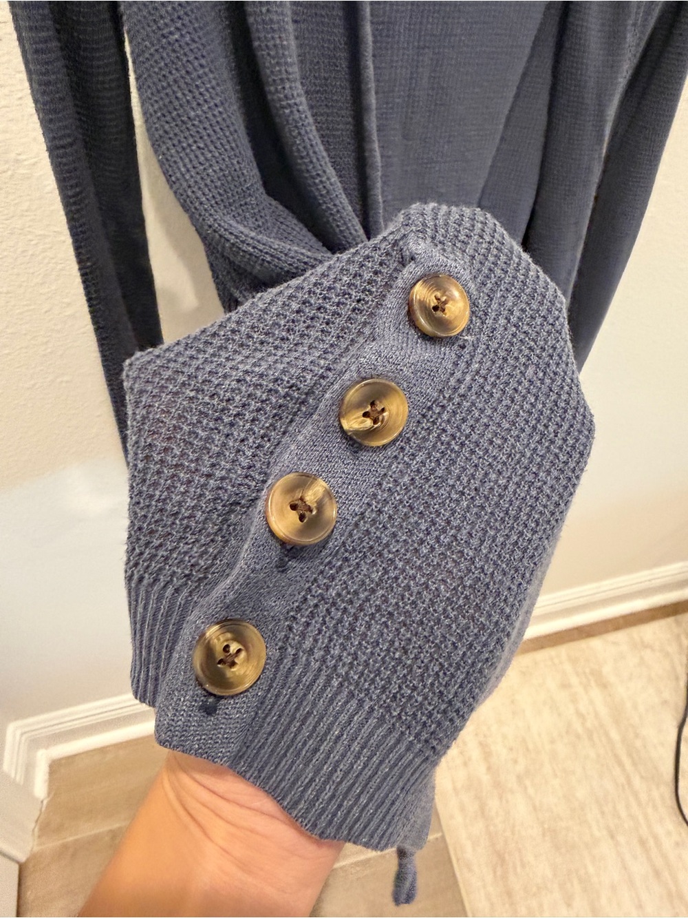 Sigrid Olsen Open-Front Hooded Cardigan in Slate Blue Waffle Texture - Picture 5 of 8
